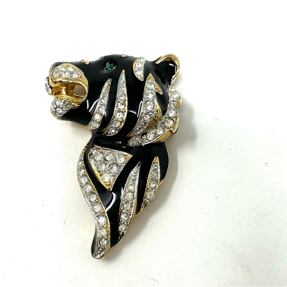 CRAFT Tiger Brooch Pin Vintage Signed Rhinestone & Black Enamel Gold Green